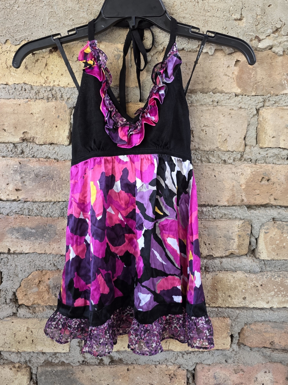 Y2K Vintage Bebe Silk Abstract Floral Ruffle Empire Top / Halter Sweater - Small